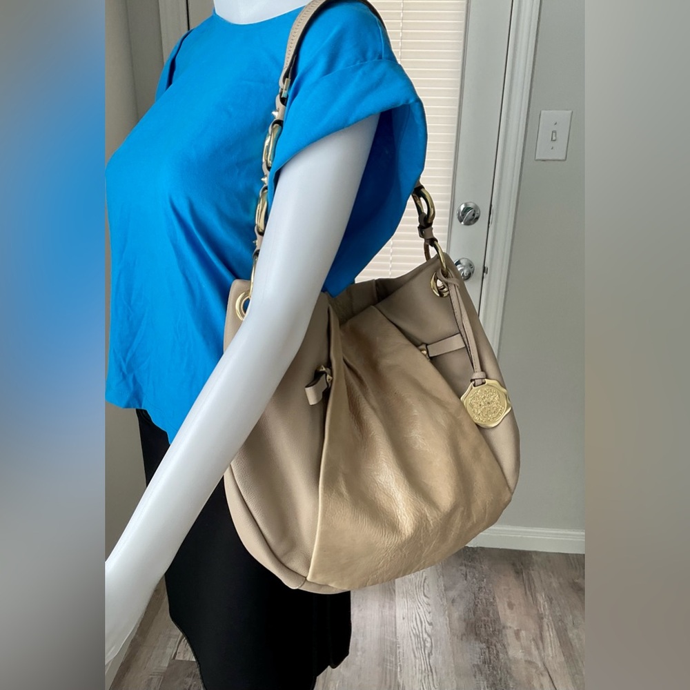 Vince Camuto Soft Genuine Leather Hobo Crossbody Bag with Chunky Chain Links.